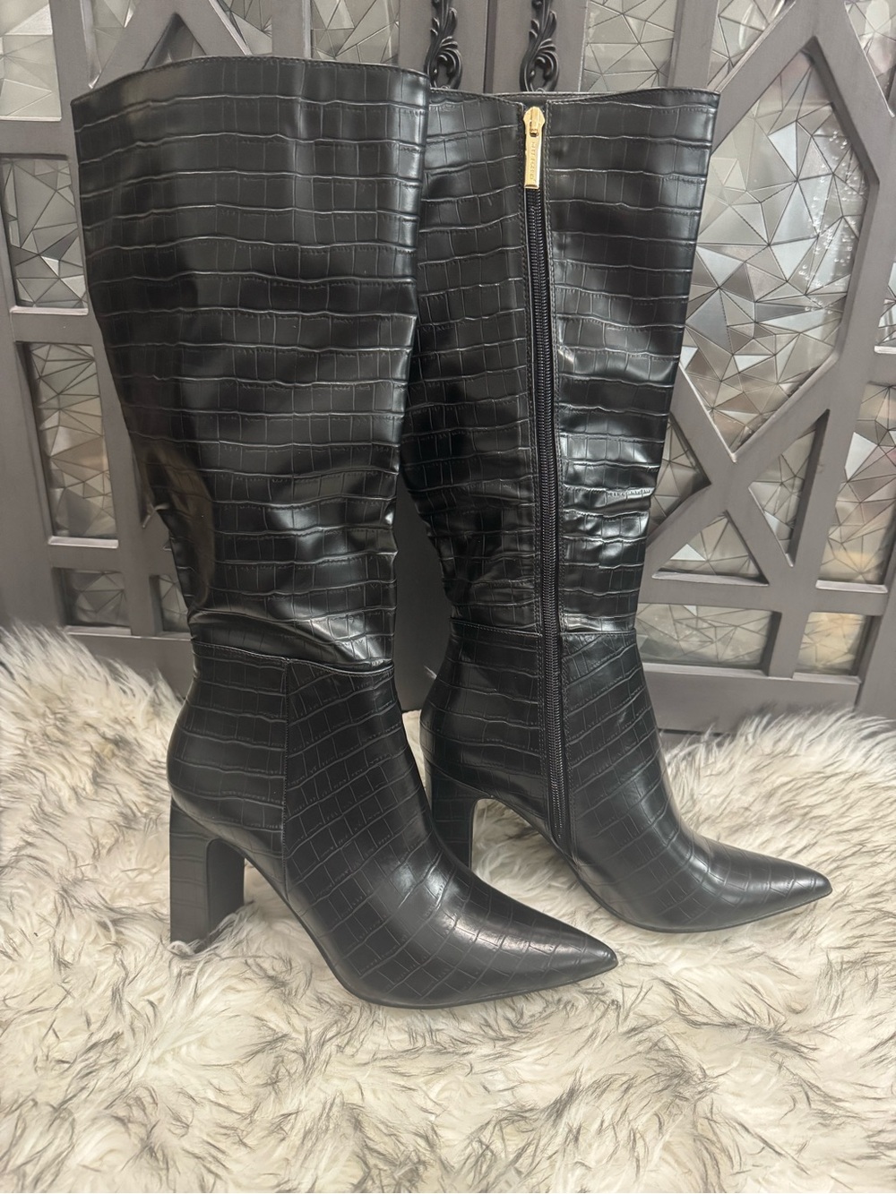 Cape Robbin Black Croc-Embossed Pointed Knee Boots
